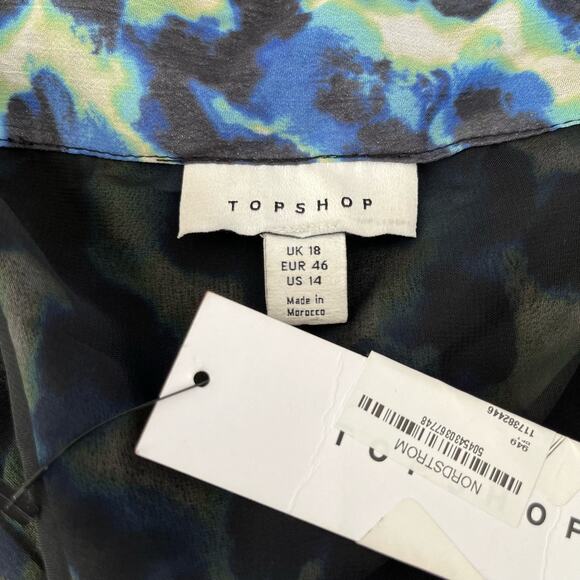 Topshop Frill Bardot Tie Off Shoulder Blue Leopard Animal Mini Dress 14 NWT - Picture 3 of 13